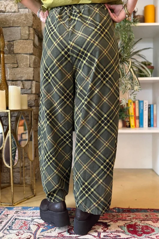 Arbi Needlecord Tartan Barrel Pant Deep Khaki