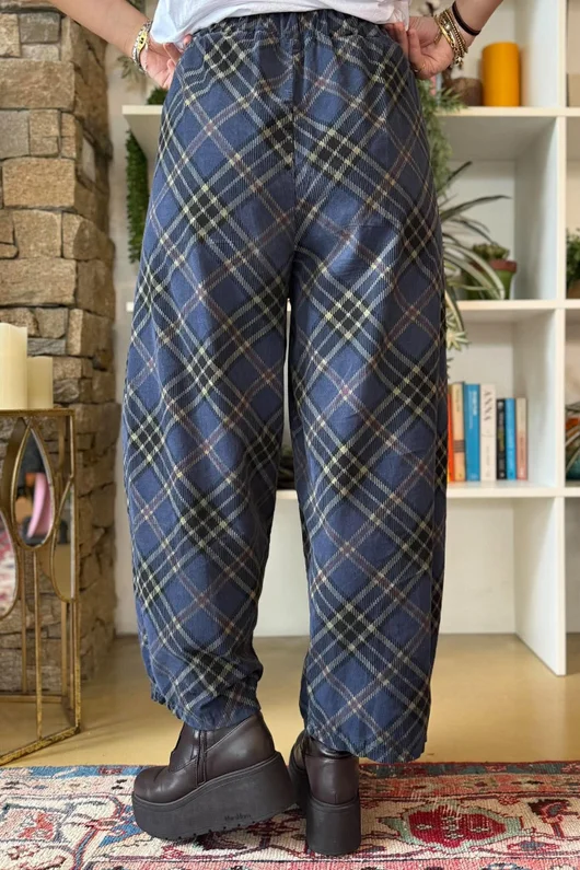 Arbi Needlecord Tartan Barrel Pant Navy