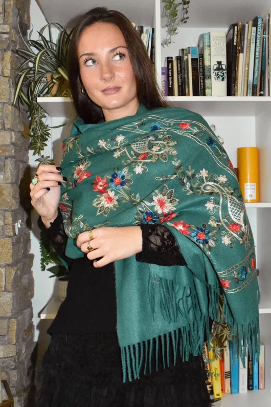 Babushka Folke Embroidery Shawl Scarf Green