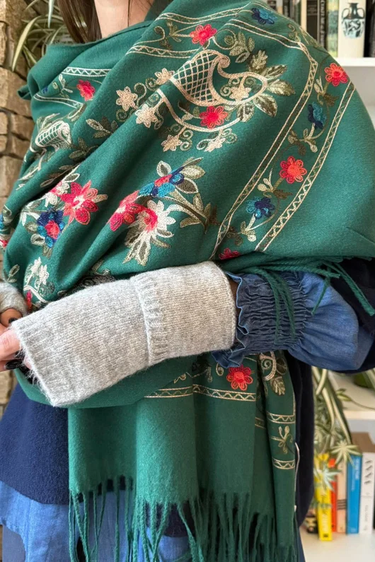 Babushka Folke Embroidery Shawl Scarf Green