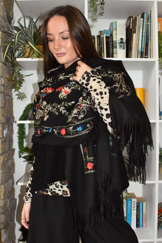Babushka Folke Embroidery Shawl Scarf Black