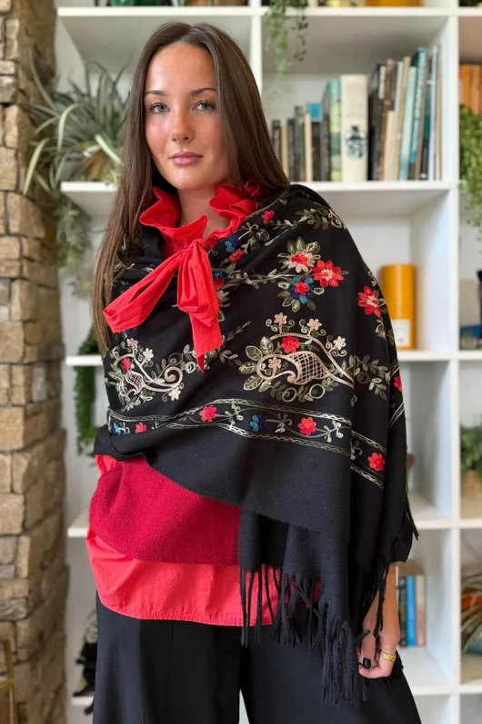 Babushka Folke Embroidery Shawl Scarf Black