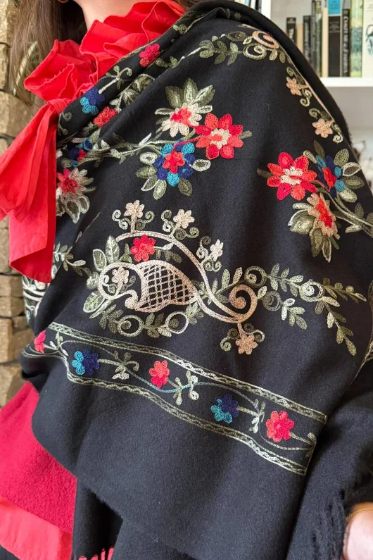 Babushka Folke Embroidery Shawl Scarf Black