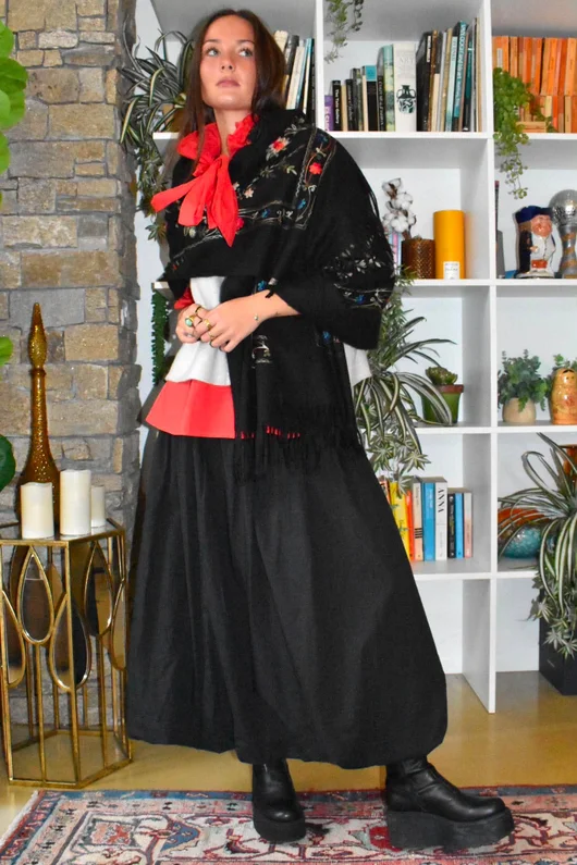 Babushka Folke Embroidery Shawl Scarf Black