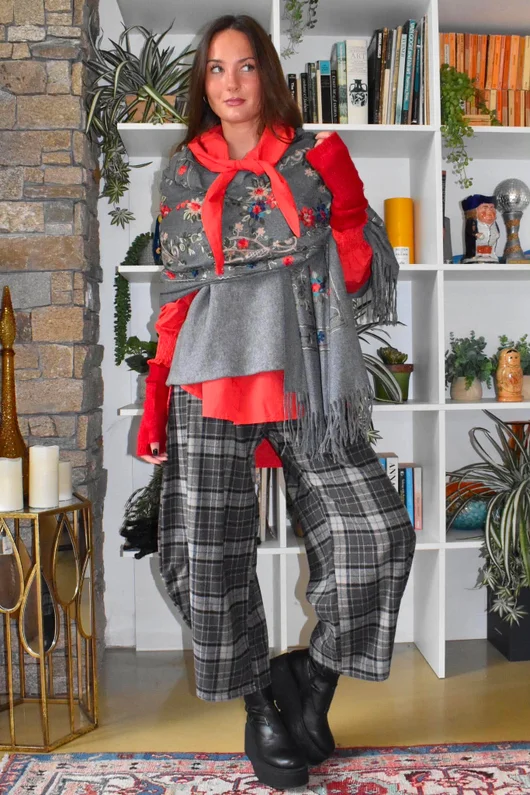 Babushka Folke Embroidery Shawl Scarf Grey Marl