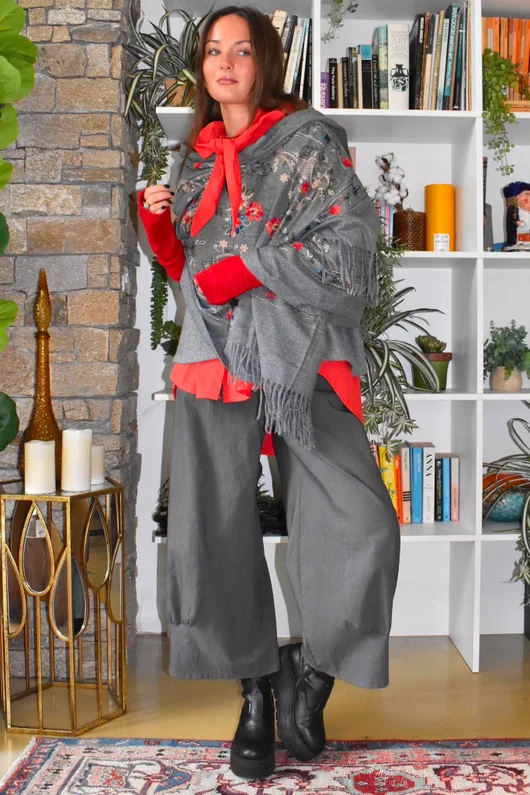Babushka Folke Embroidery Shawl Scarf Grey Marl