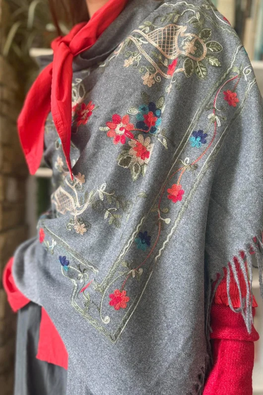 Babushka Folke Embroidery Shawl Scarf Grey Marl