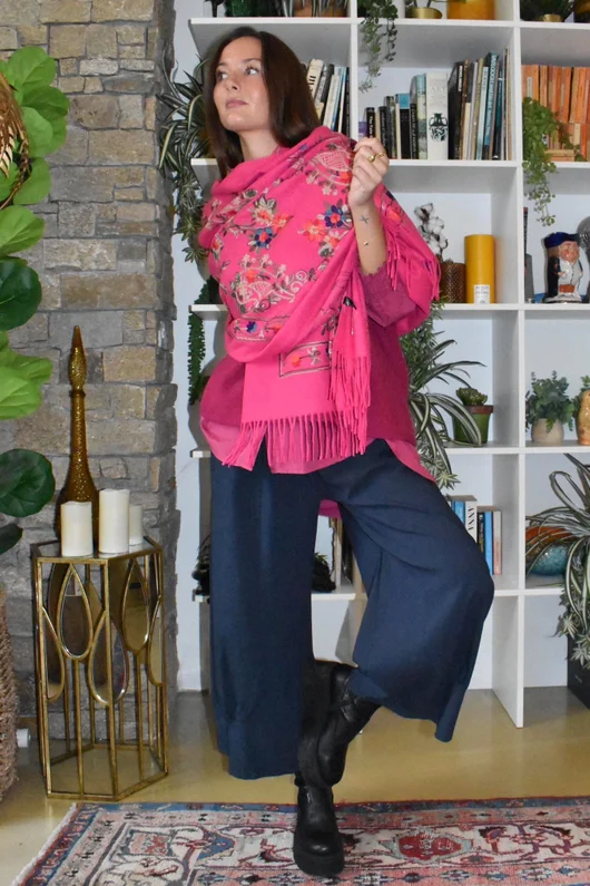 Babushka Folke Embroidery Shawl Scarf Hot Pink