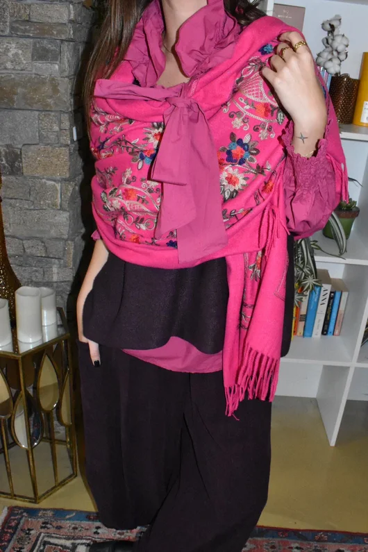 Babushka Folke Embroidery Shawl Scarf Hot Pink