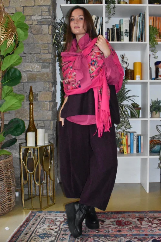 Babushka Folke Embroidery Shawl Scarf Hot Pink