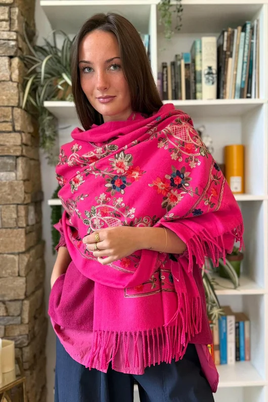 Babushka Folke Embroidery Shawl Scarf Hot Pink
