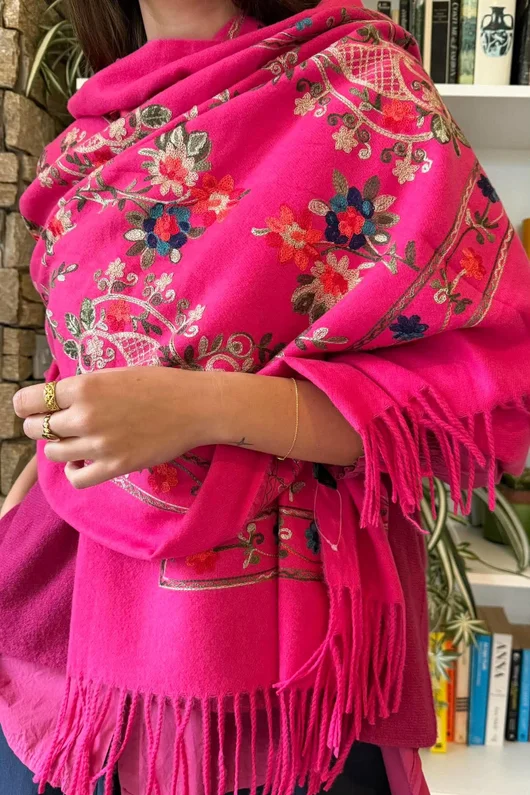 Babushka Folke Embroidery Shawl Scarf Hot Pink