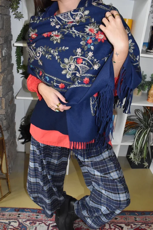 Babushka Folke Embroidery Shawl Scarf Navy
