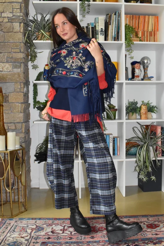 Babushka Folke Embroidery Shawl Scarf Navy