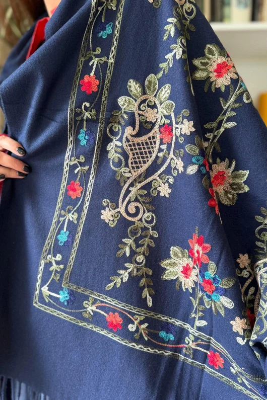 Babushka Folke Embroidery Shawl Scarf Navy