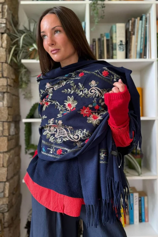 Babushka Folke Embroidery Shawl Scarf Navy