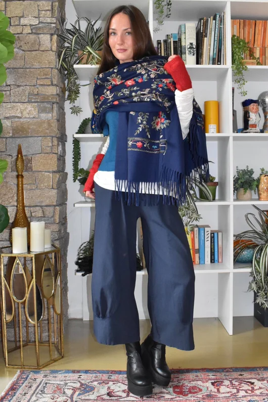 Babushka Folke Embroidery Shawl Scarf Navy