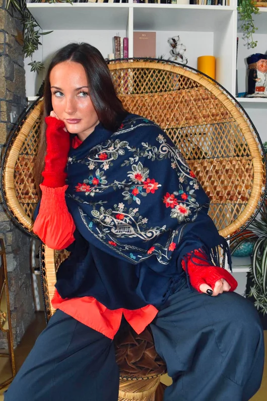 Babushka Folke Embroidery Shawl Scarf Navy
