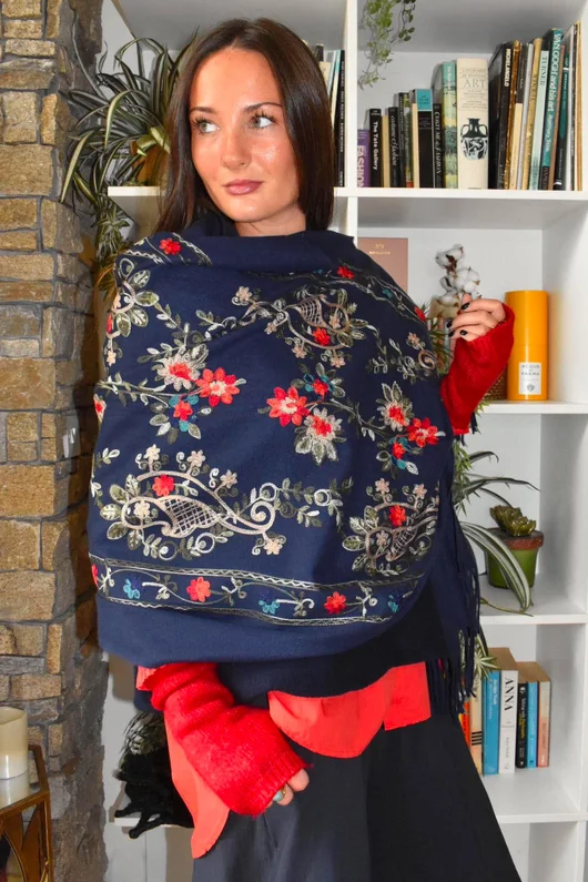 Babushka Folke Embroidery Shawl Scarf Navy
