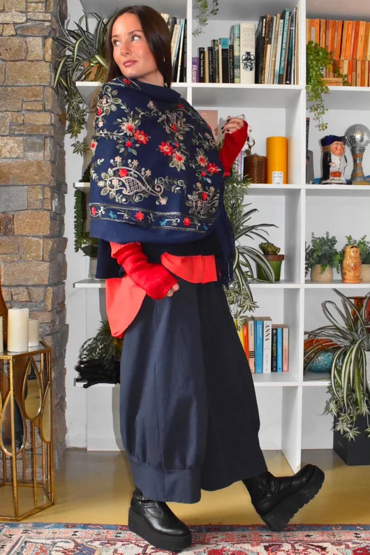 Babushka Folke Embroidery Shawl Scarf Navy