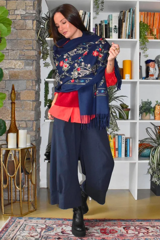 Babushka Folke Embroidery Shawl Scarf Navy