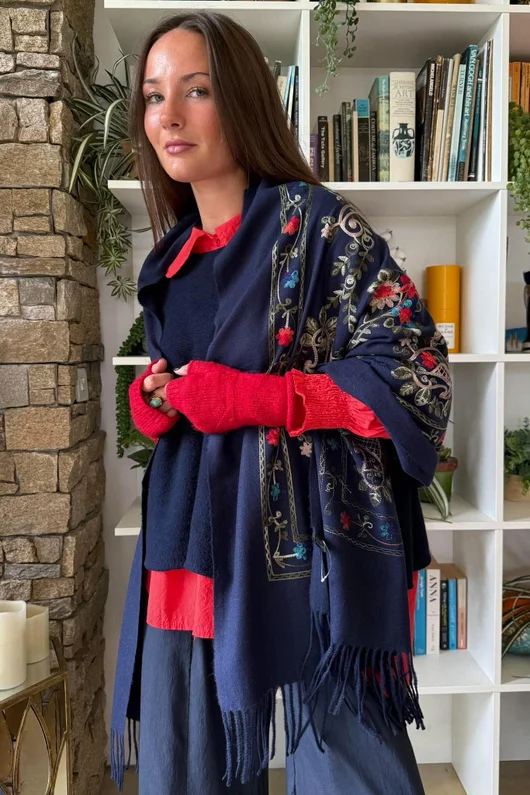 Babushka Folke Embroidery Shawl Scarf Navy
