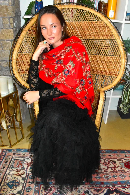 Babushka Folke Embroidery Shawl Scarf Rouge