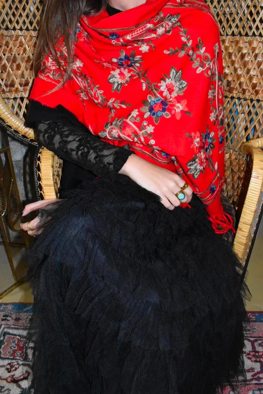 Babushka Folke Embroidery Shawl Scarf Rouge