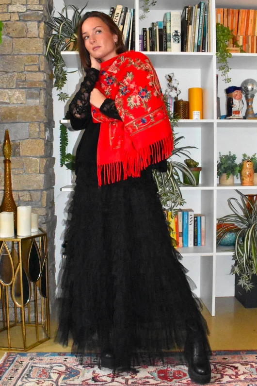 Babushka Folke Embroidery Shawl Scarf Rouge