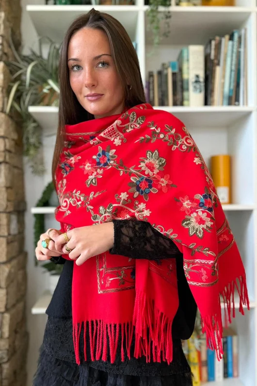 Babushka Folke Embroidery Shawl Scarf Rouge