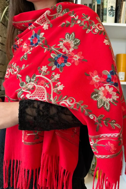 Babushka Folke Embroidery Shawl Scarf Rouge