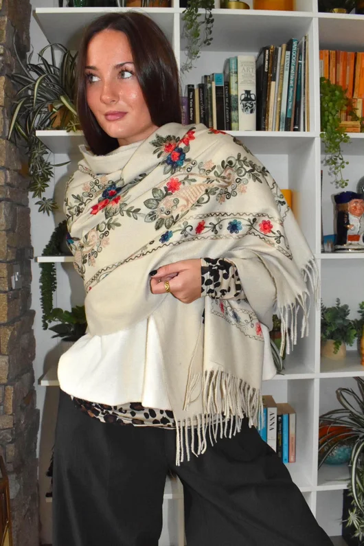 Babushka Folke Embroidery Shawl Scarf Stone