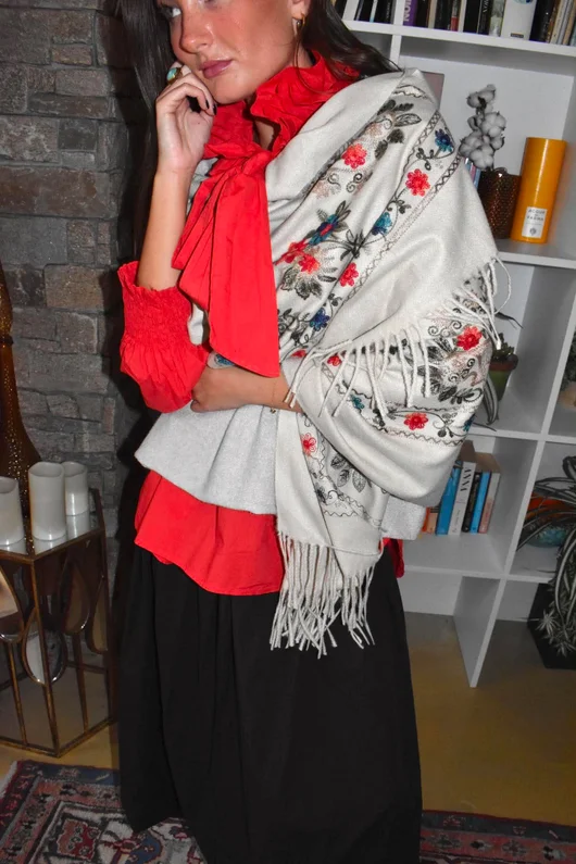 Babushka Folke Embroidery Shawl Scarf Stone