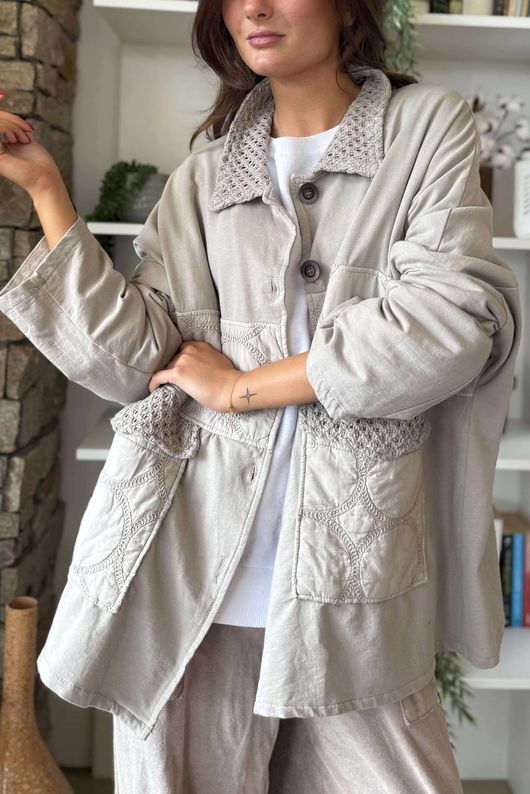 Bailey Quilt And Crochet Jacket Stone