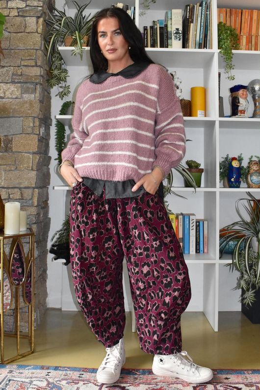Bateau Needlecord Leopard Quirky Tapered Barrel Pant Aubergine