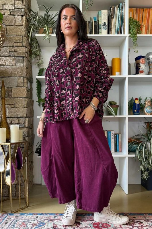 Bateau Needlecord Leopard Shacket Aubergine