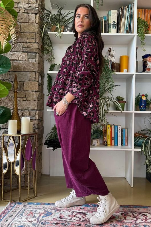 Bateau Needlecord Leopard Shacket Aubergine