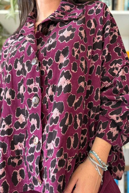 Bateau Needlecord Leopard Shacket Aubergine