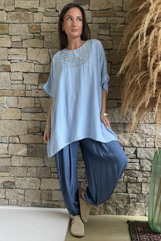 Benirras Beaded Longline Top Baby Blue - /3=