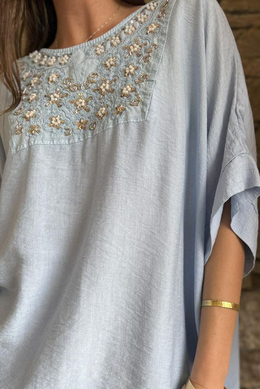 Benirras Beaded Longline Top Baby Blue - /3=