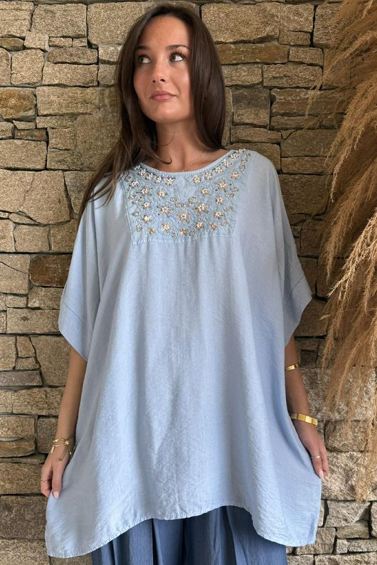 Benirras Beaded Longline Top Baby Blue - /3=