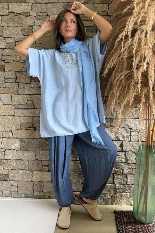 Benirras Beaded Longline Top Baby Blue - /3=