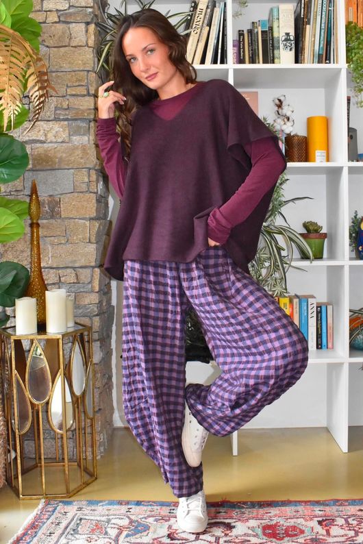 Bibi Gingham 7/8 Barrel Pant Aubergine