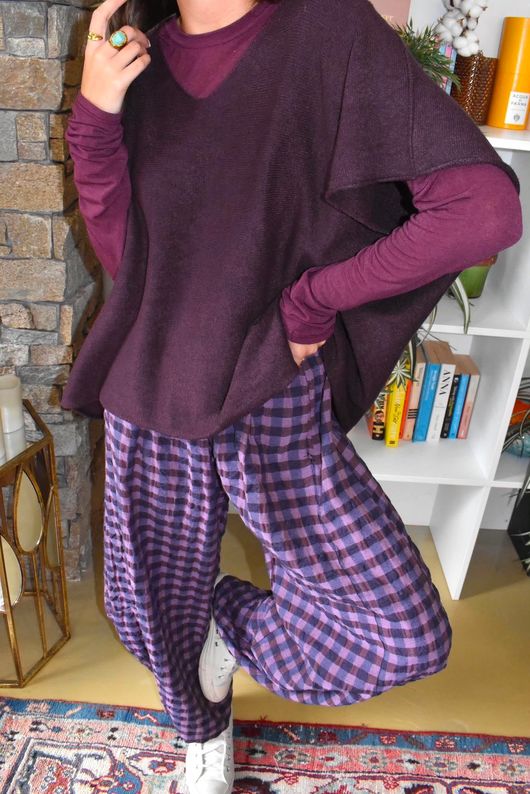 Bibi Gingham 7/8 Barrel Pant Aubergine