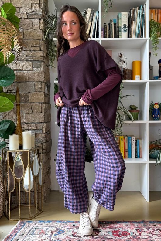 Bibi Gingham 7/8 Barrel Pant Aubergine