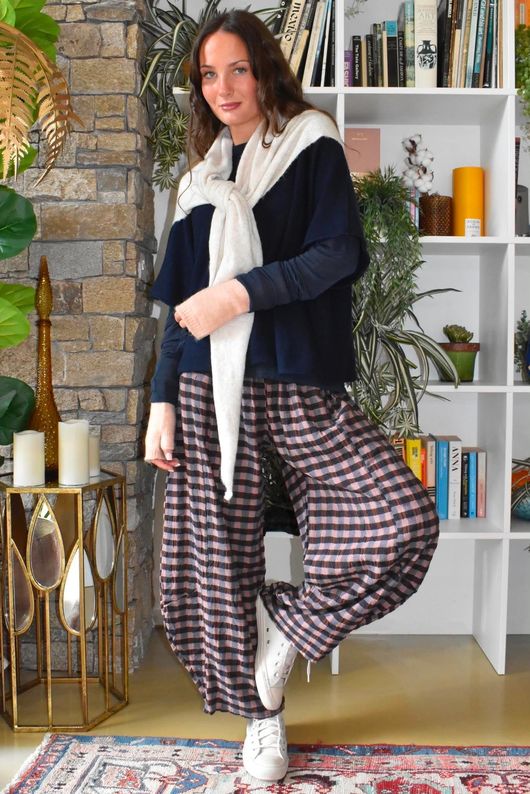 Bibi Gingham 7/8 Barrel Pant Chocolate