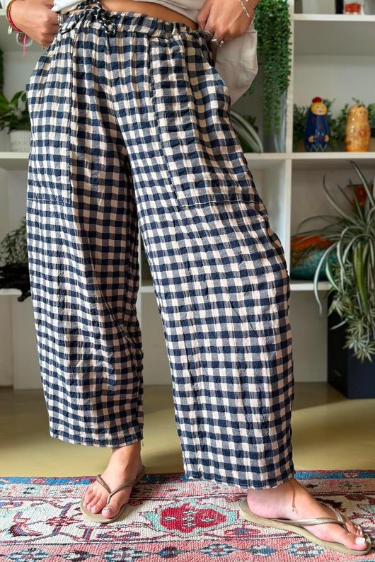 Bibi Gingham Barrel Leg Pant Navy