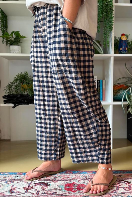 Bibi Gingham Barrel Leg Pant Navy