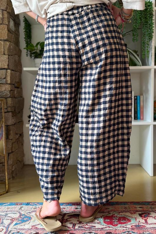 Bibi Gingham Barrel Leg Pant Navy