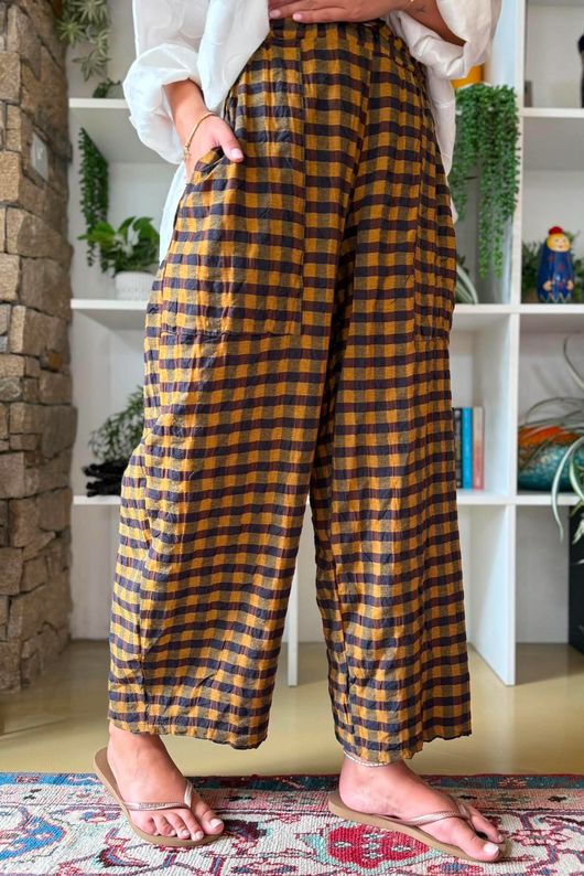 Bibi Gingham Barrel Leg Pant Ochre
